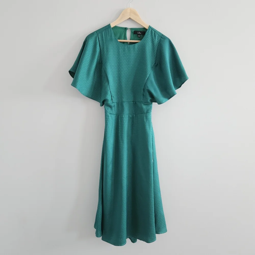 Lulu's Satin Midi Dress Emerald Green Small Polka Dot Satin Occasion Romantic - Picture 2 of 13